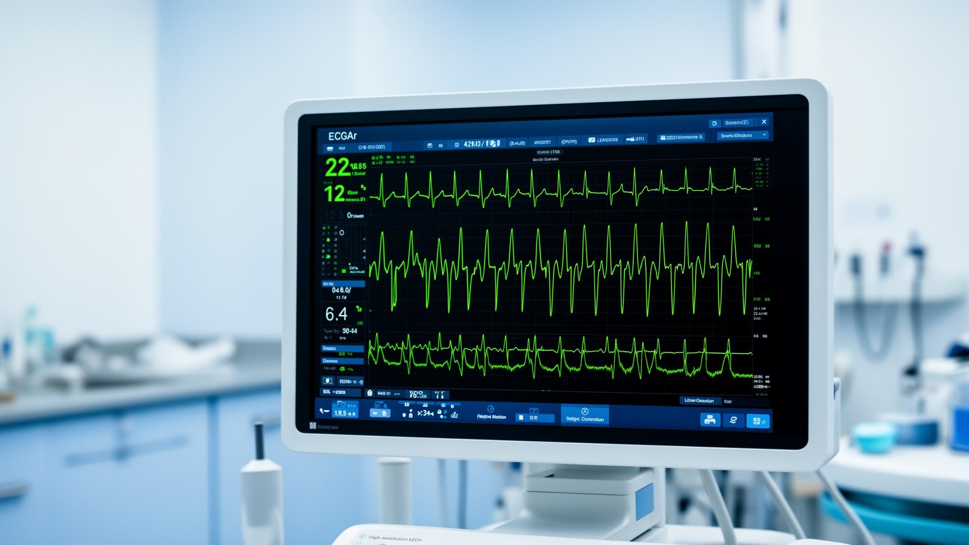 Monitor exibindo traçado de eletrocardiograma de alta resolução